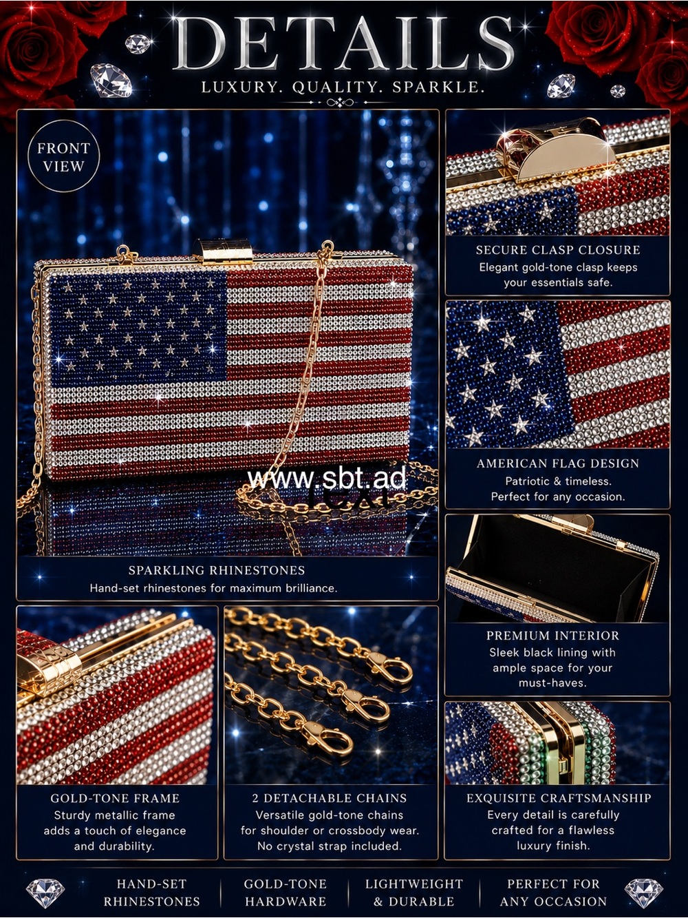 NWT Beautiful Sparkling Bling Swarovski Crystal American Flag Clutch Pur… - Picture 14 of 16